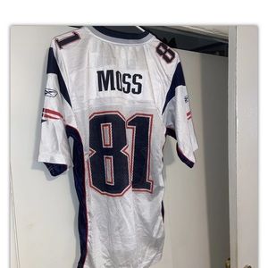 Randy Moss 81 Patriots Jersey, Men’s Small, Reebok, White w Blue & Red